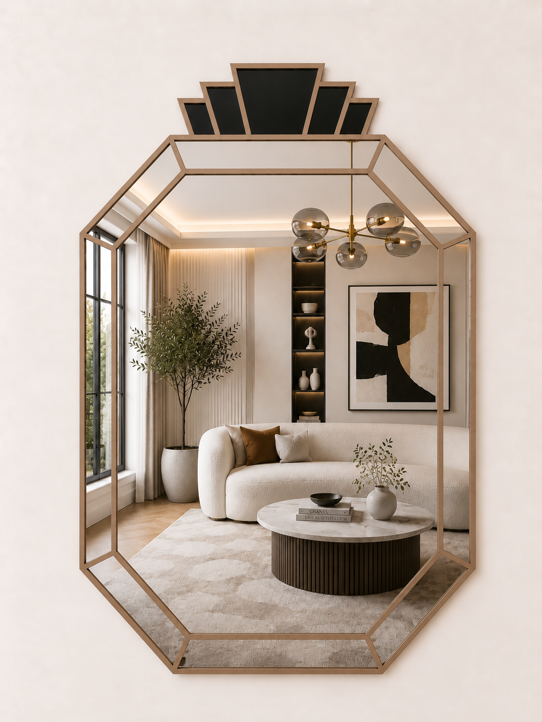 An octagonal wall mirror with a gold metal frame and a decorative black geometric top section, shown mounted on a beige wall. The mirror reflects a modern, warm-toned living room interior with a cream sofa, round coffee table, and pendant lights.