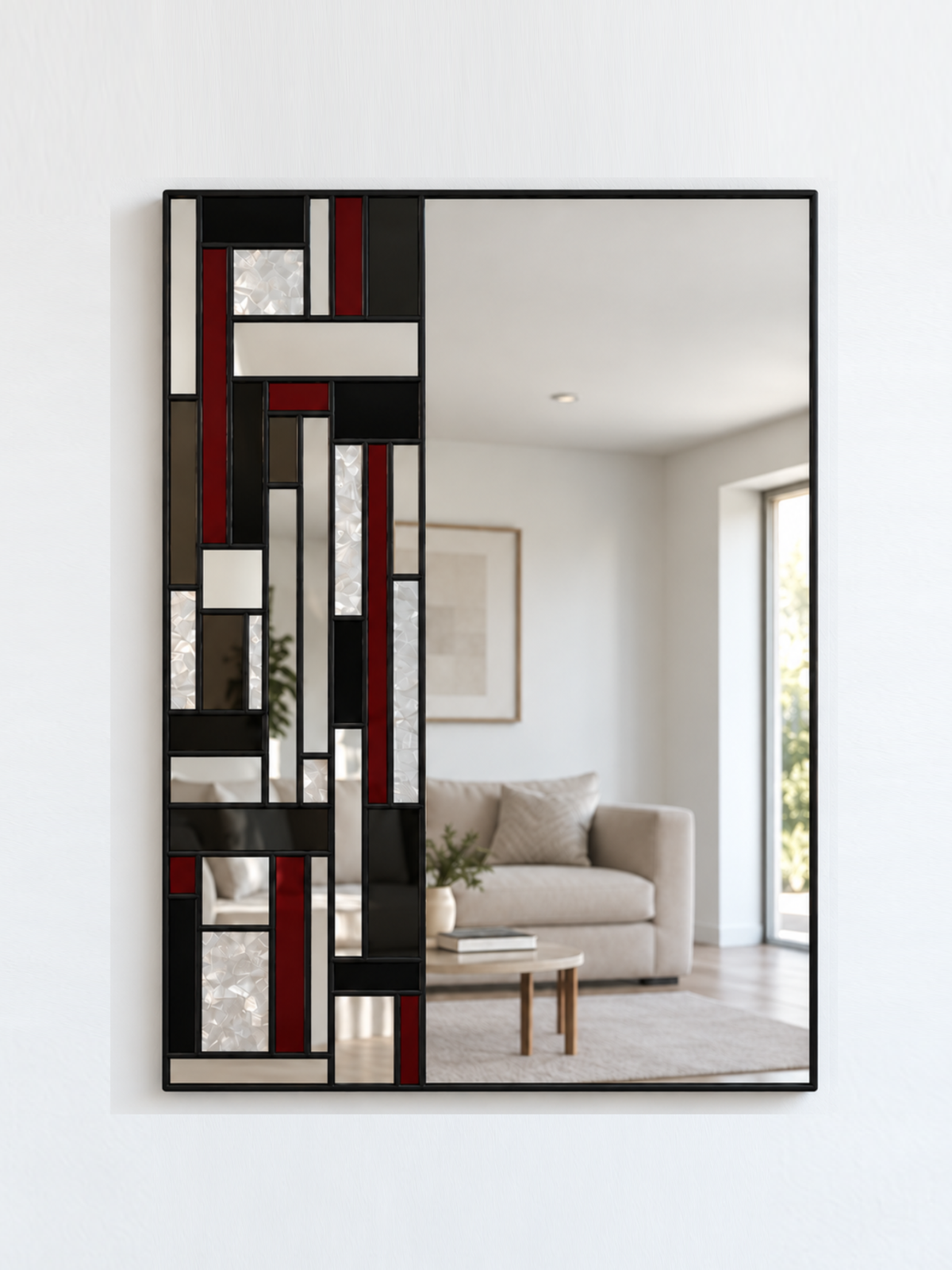 A rectangular wall mirror with a black frame and an abstract geometric pattern of black, red, grey, and textured glass panels on the left side