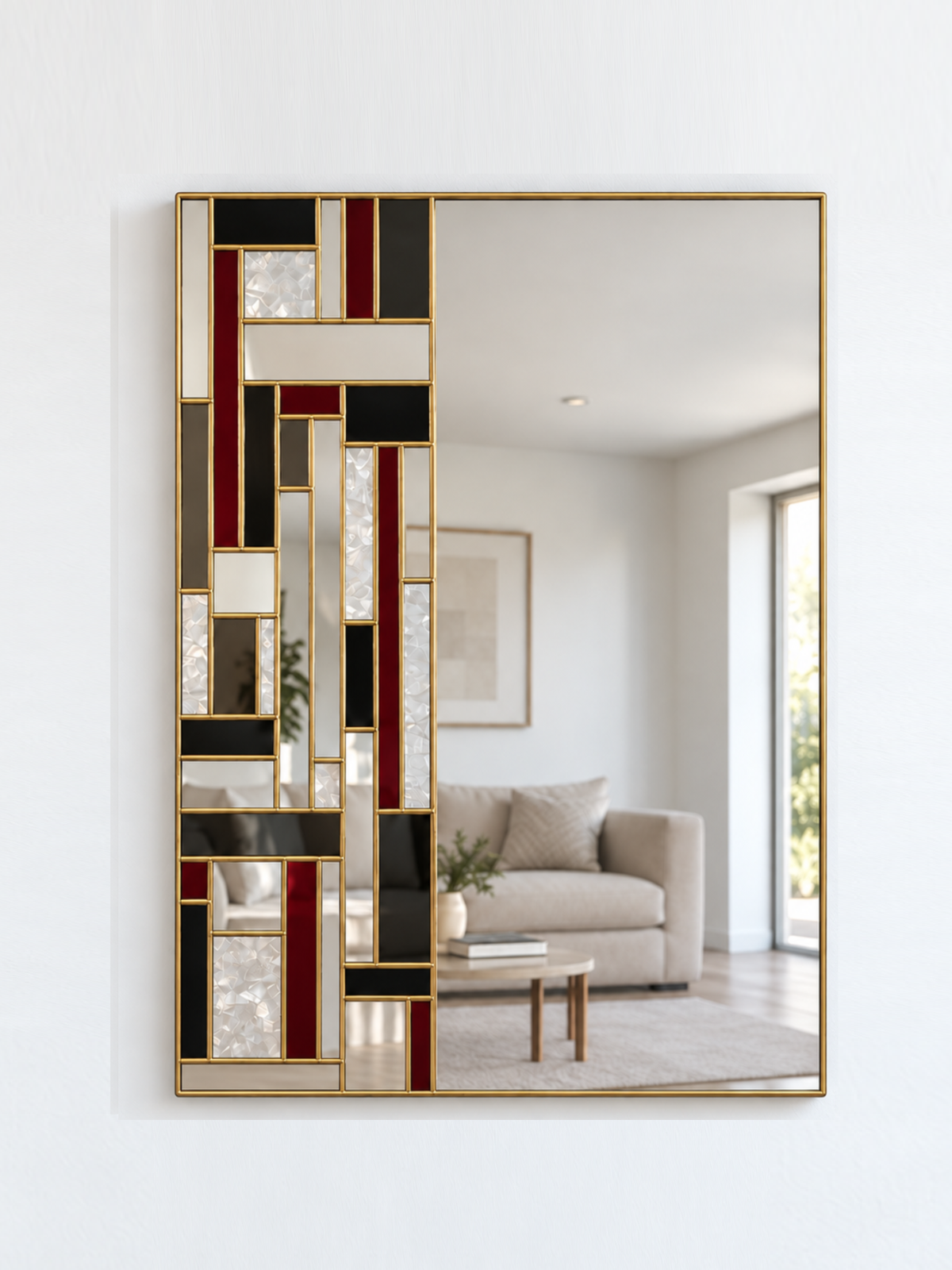A rectangular wall mirror with a brass frame and an abstract geometric pattern of black, red, grey, and textured glass panels on the left side