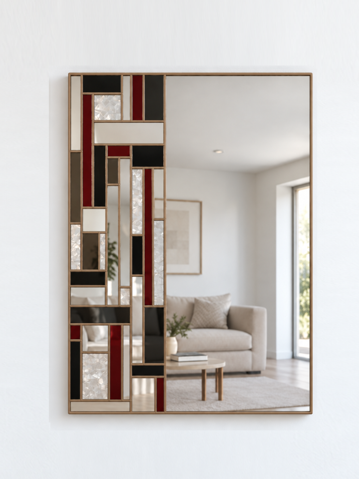 A rectangular wall mirror with a gold frame and an abstract geometric pattern of black, red, grey, and textured glass panels on the left side