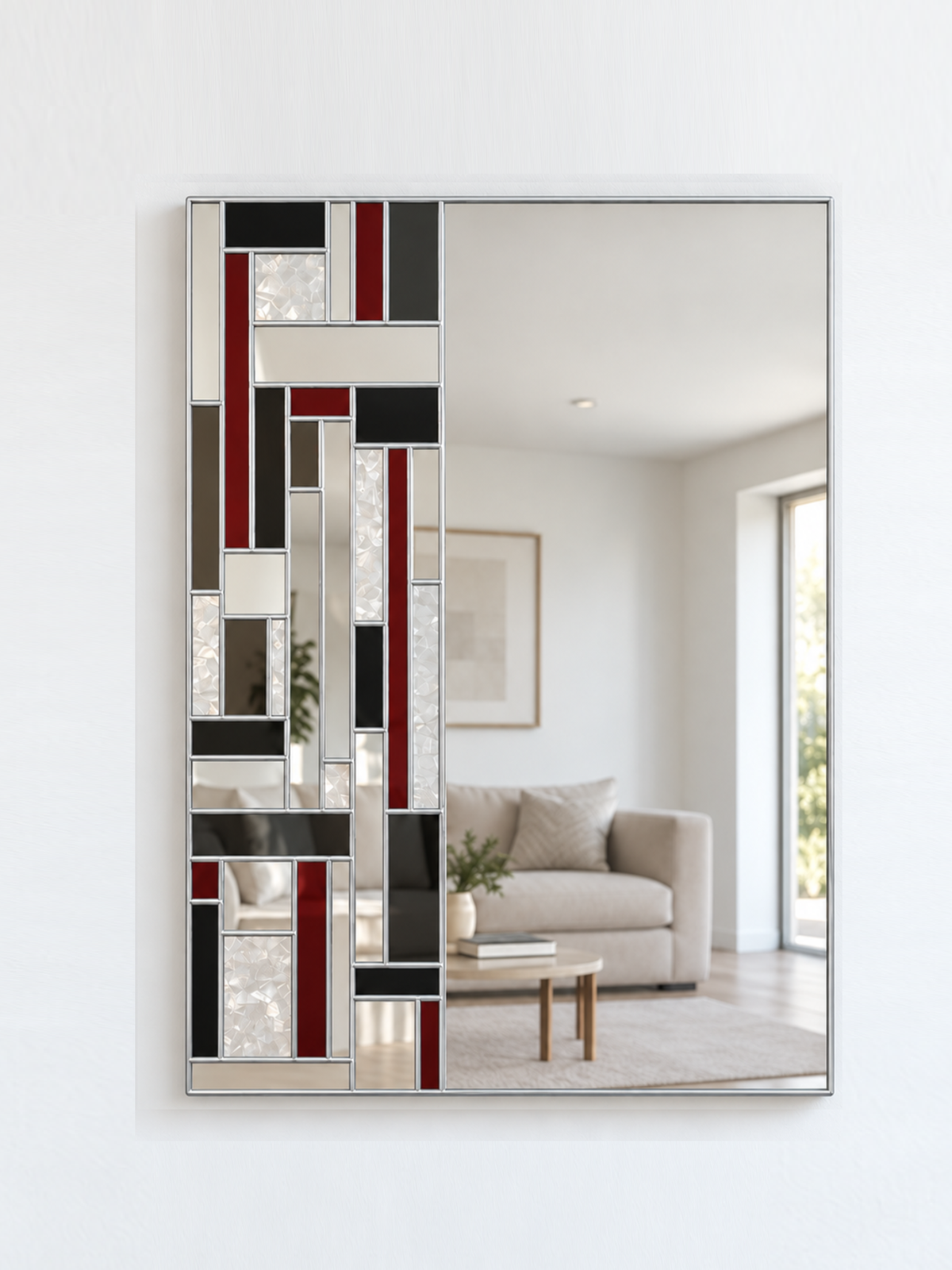 A rectangular wall mirror with a silver frame and an abstract geometric pattern of black, red, grey, and textured glass panels on the left side