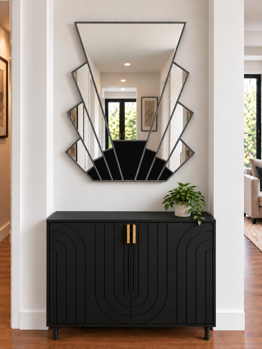 Art deco style wall mirror in antique with black accents 