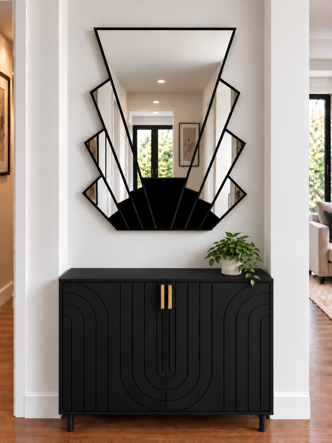 Art deco style wall mirror in black with black accents 