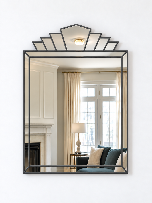 A rectangular wall mirror with an antique metal frame and a decorative geometric fan-shaped top, shown mounted on a white wall.