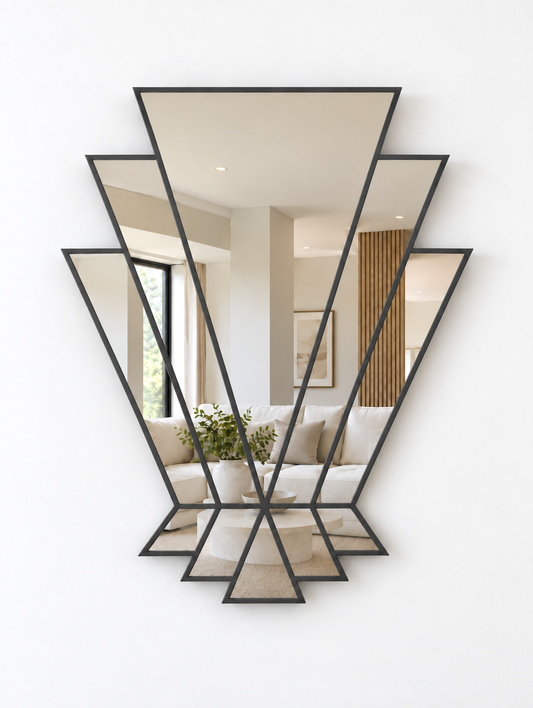 A modern geometric wall mirror with an antique metal frame featuring ten pieces of hand cut mirror