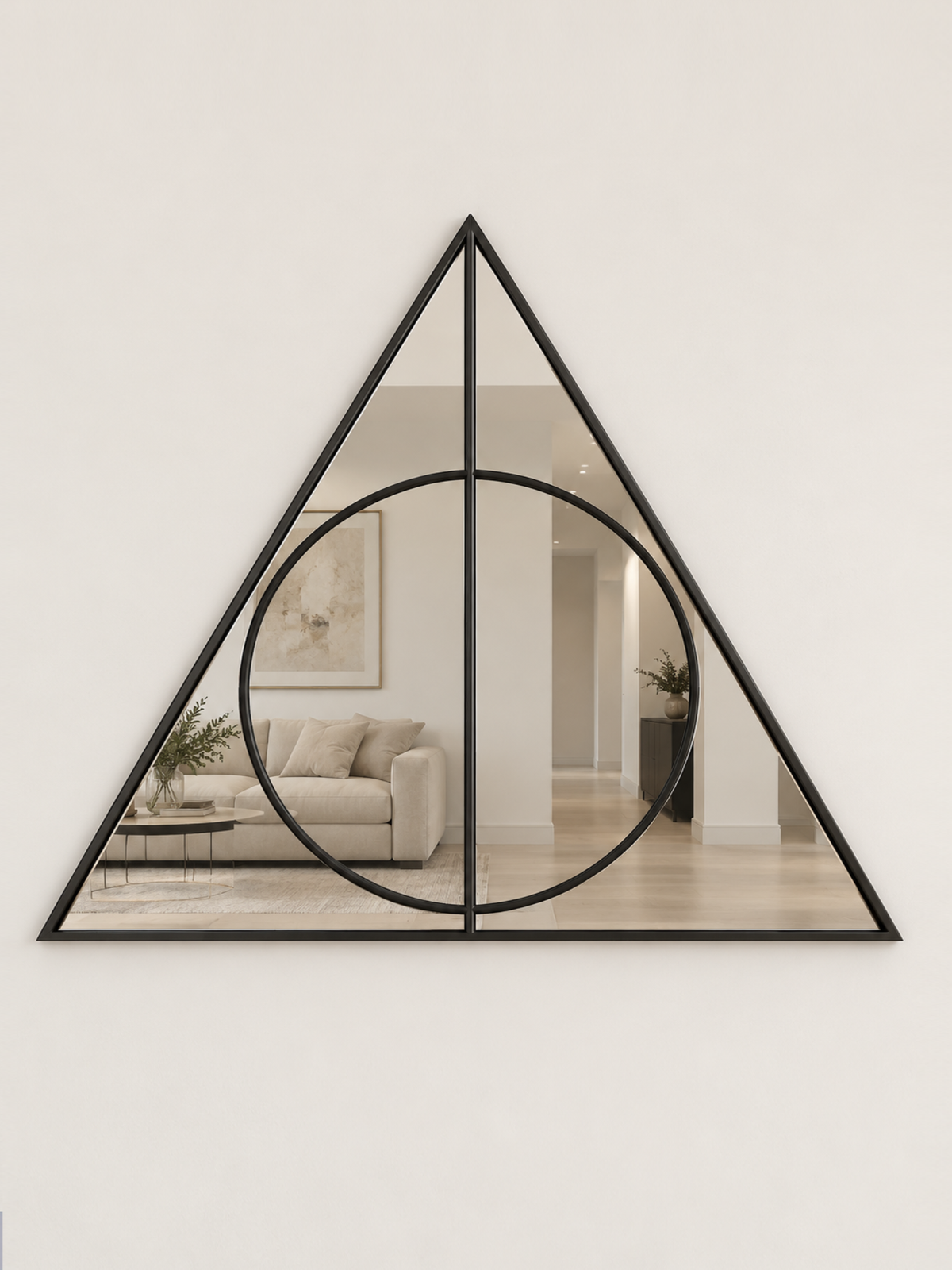 A triangular wall mirror with a black metal border