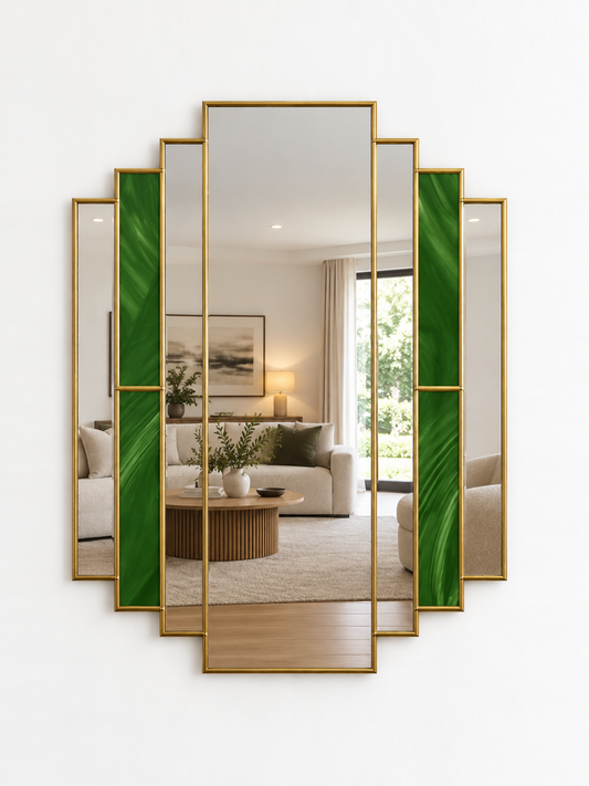 Staggered step down art deco style mirror with green stained glass panels in a brass metal border