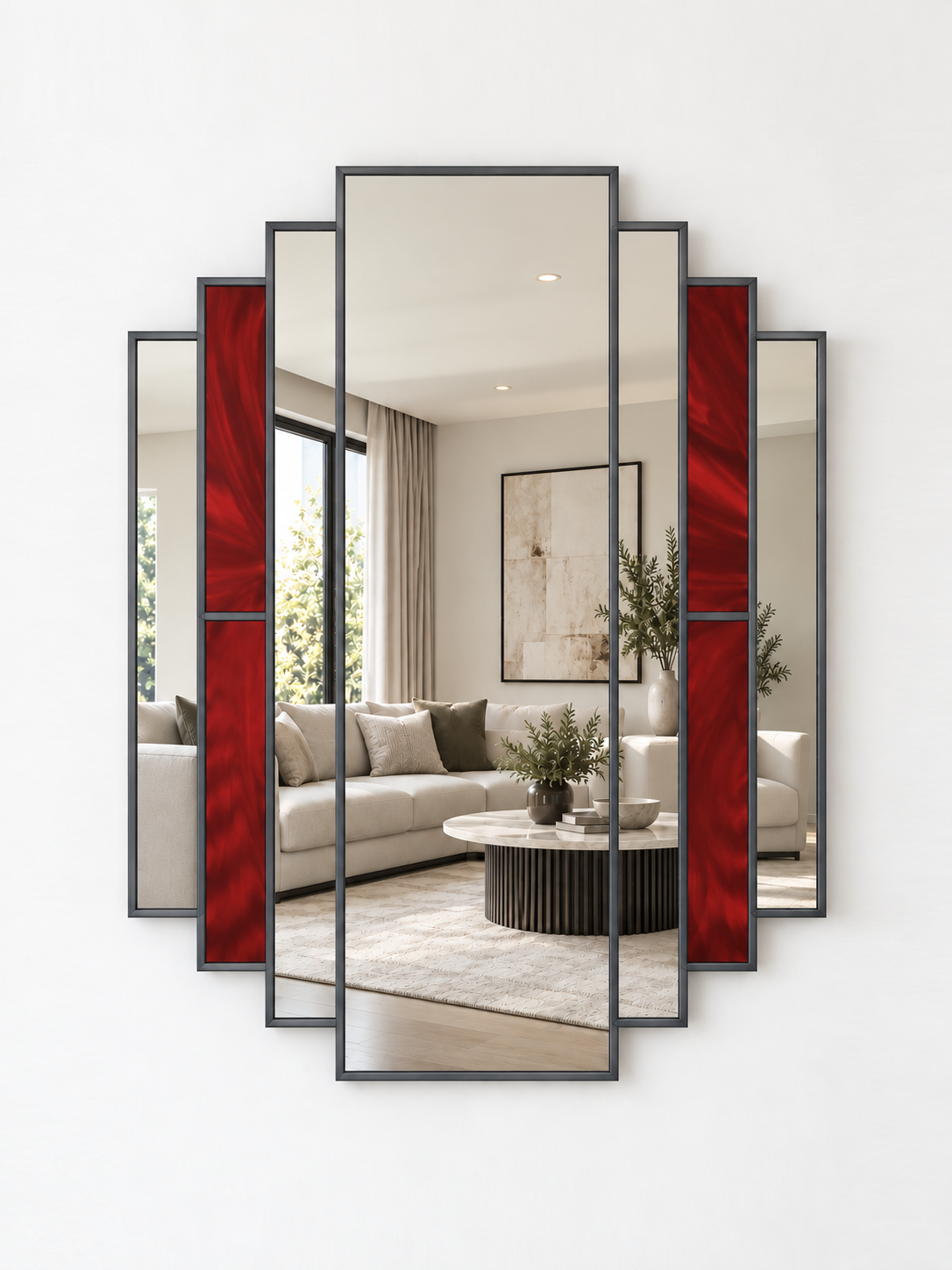 multi-panel mirror with red stain glass style section between mirror pieces in antique