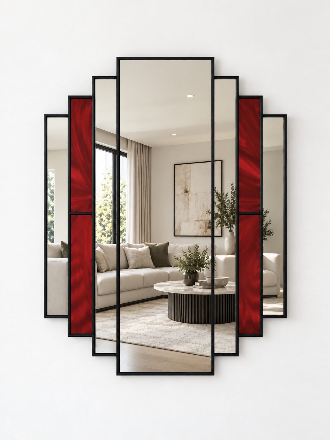 multi-panel mirror with red stain glass style section between mirror pieces in black