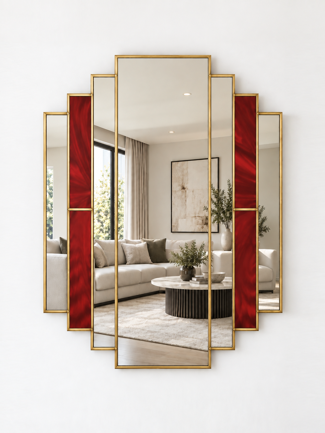 multi-panel mirror with red stain glass style section between mirror pieces in brass