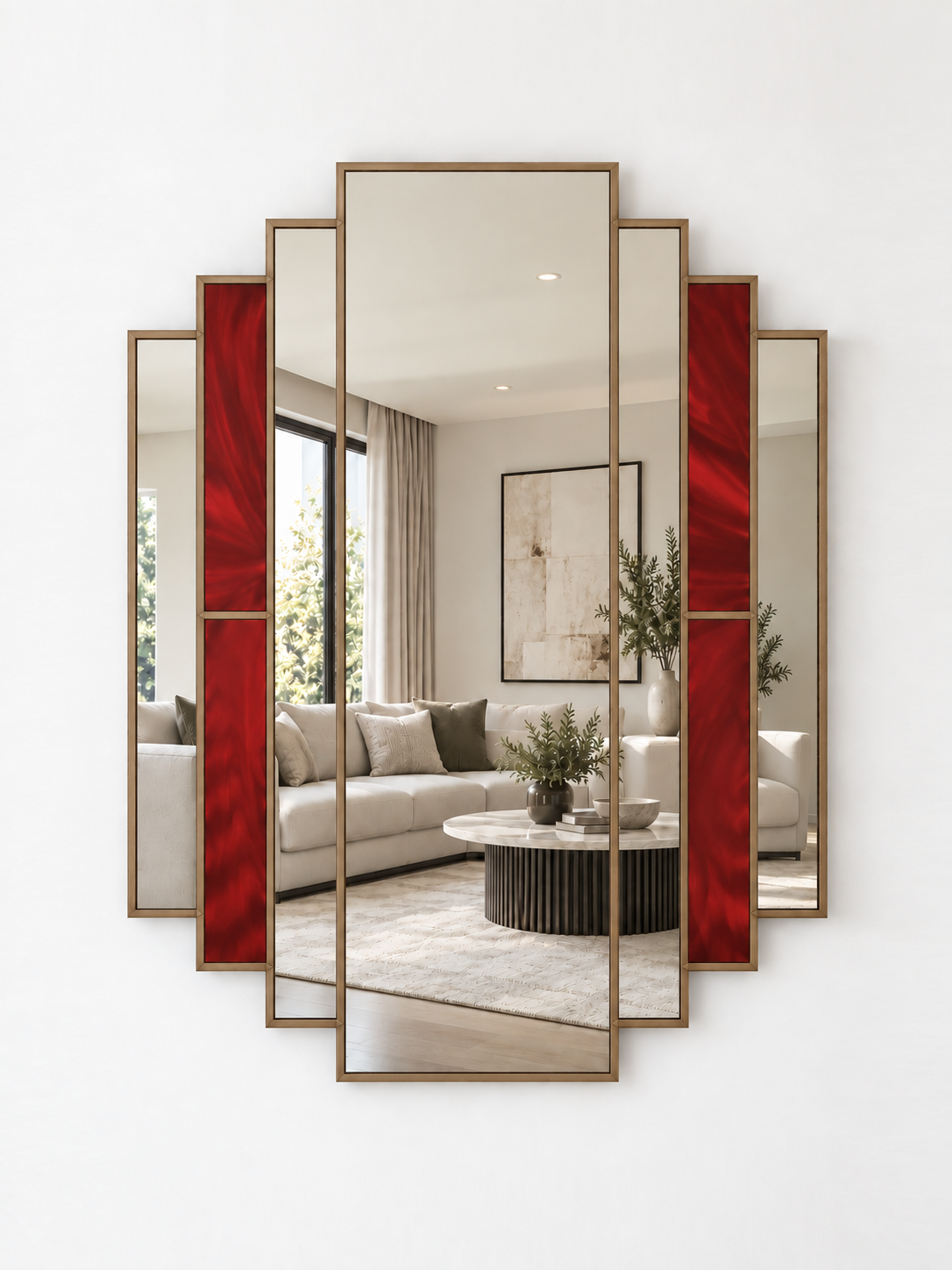 multi-panel mirror with red stain glass style section between mirror pieces in gold