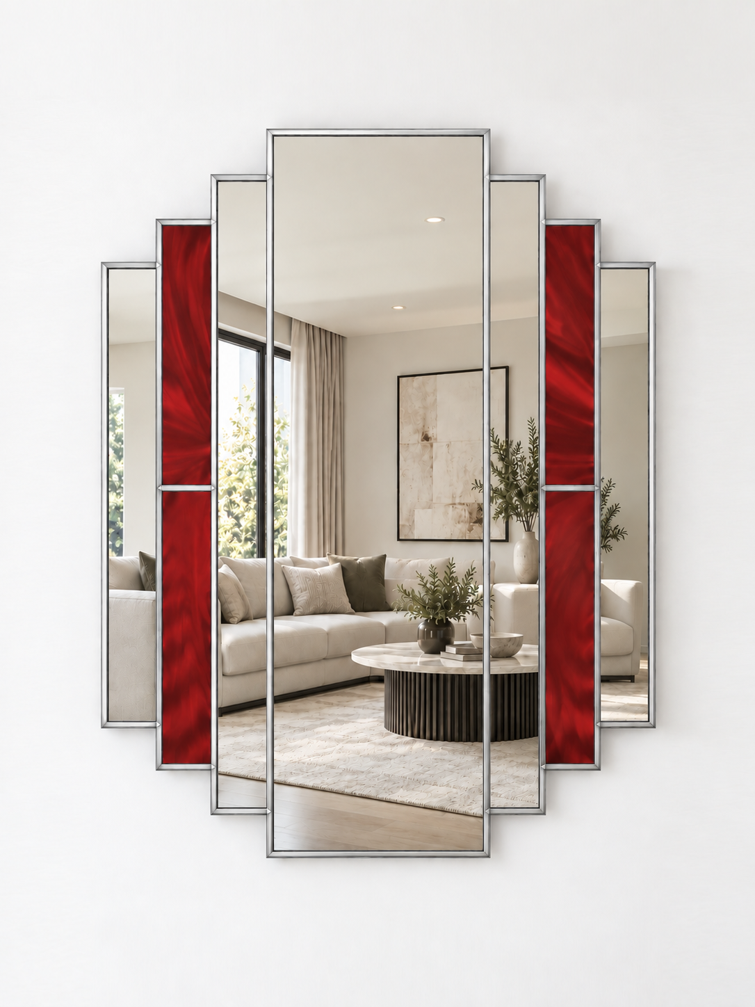 multi-panel mirror with red stain glass style section between mirror pieces in silver