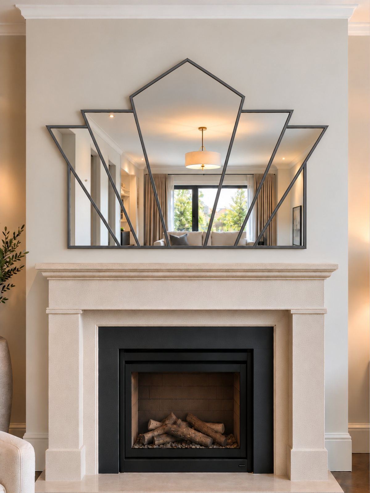 A large geometric wall mirror with a black metal frame and multiple angled mirror panels, mounted above a cream fireplace mantel in a styled interior room.