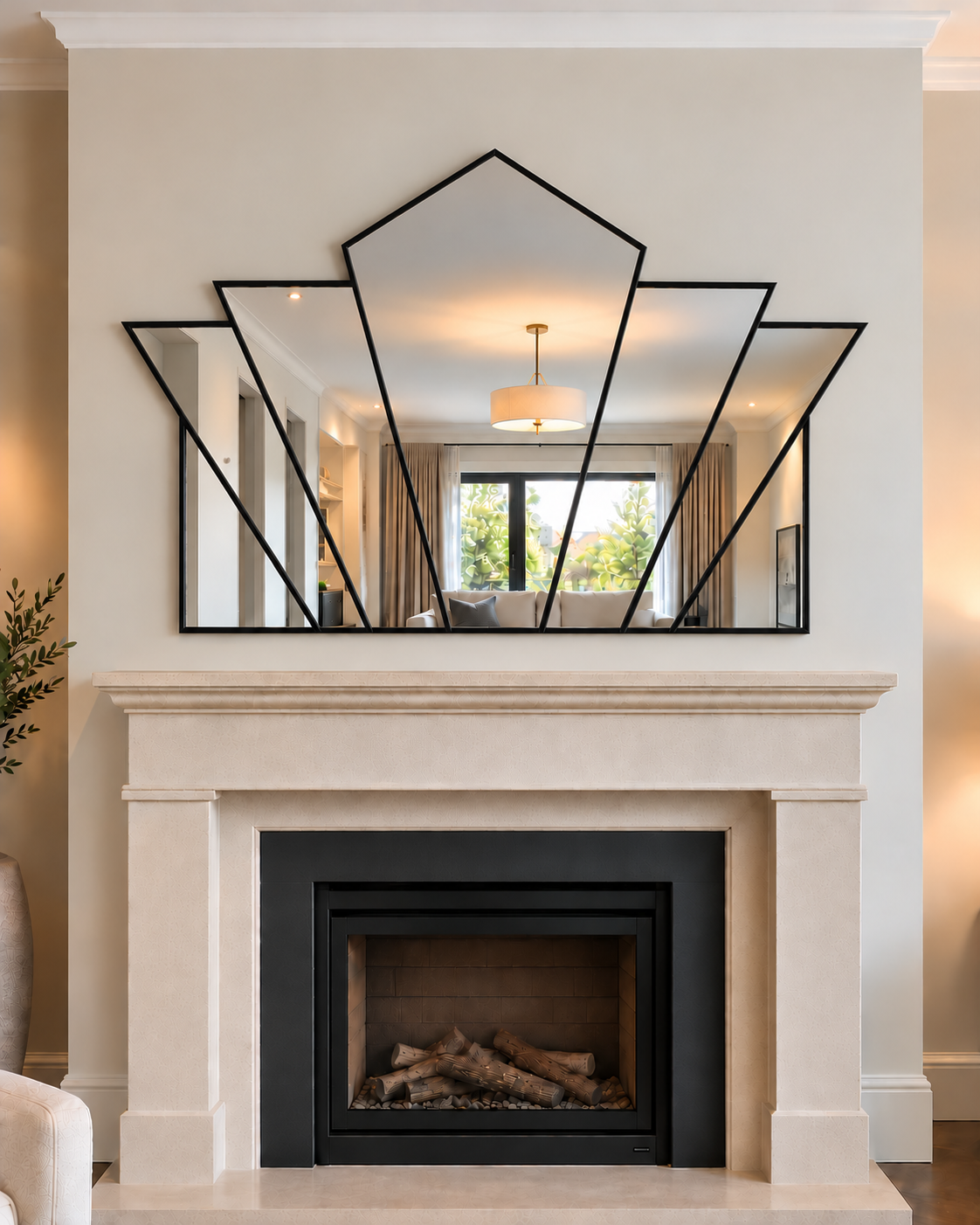 A large geometric black-framed mirror with multiple overlapping angular panels is mounted above a cream stone fireplace mantel in a modern living room.