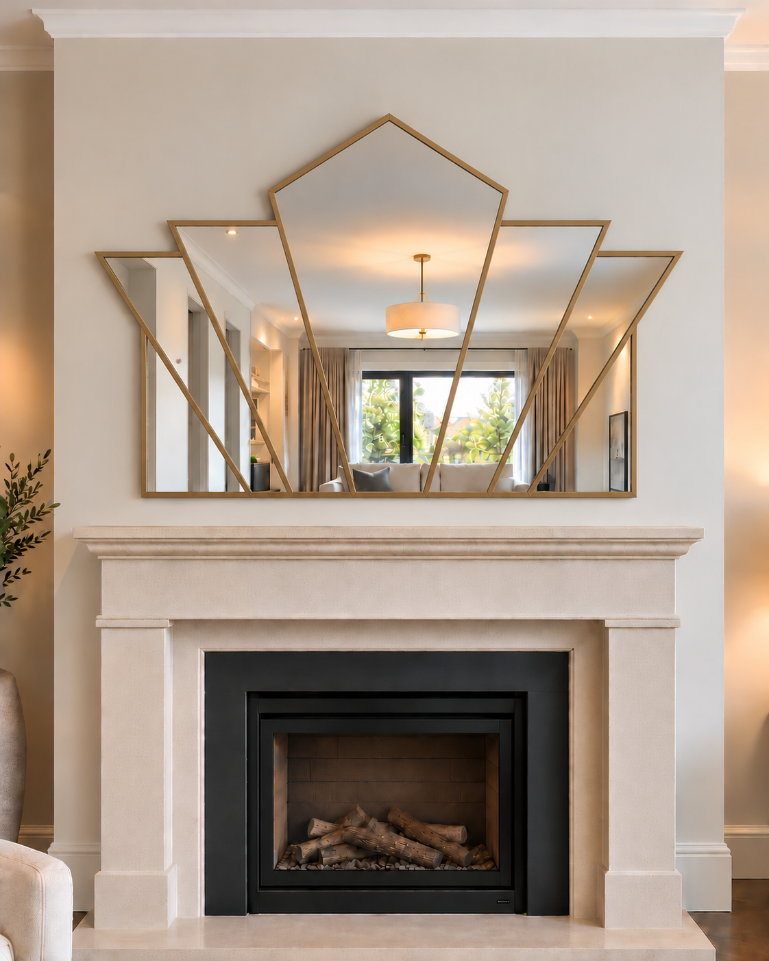 A large geometric wall mirror with a gold frame, composed of multiple overlapping angular panels, mounted above a cream fireplace mantel in a styled interior room.
