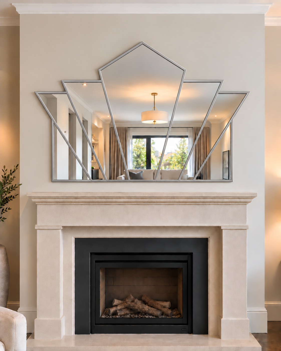 A large geometric mirror with multiple angled panels and a silver frame, mounted above a cream stone fireplace mantel in a modern home interior.