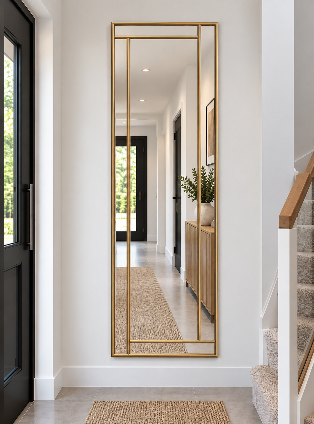 A full length contemporary mirror in brass