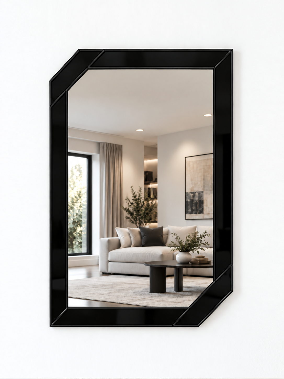 A contemporary wall mirror with black outer panels and a black metal border